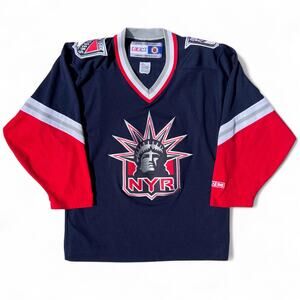 Vintage CCM NY Rangers Lady Liberty Head Stitched Hockey Jersey Home M Blue Red